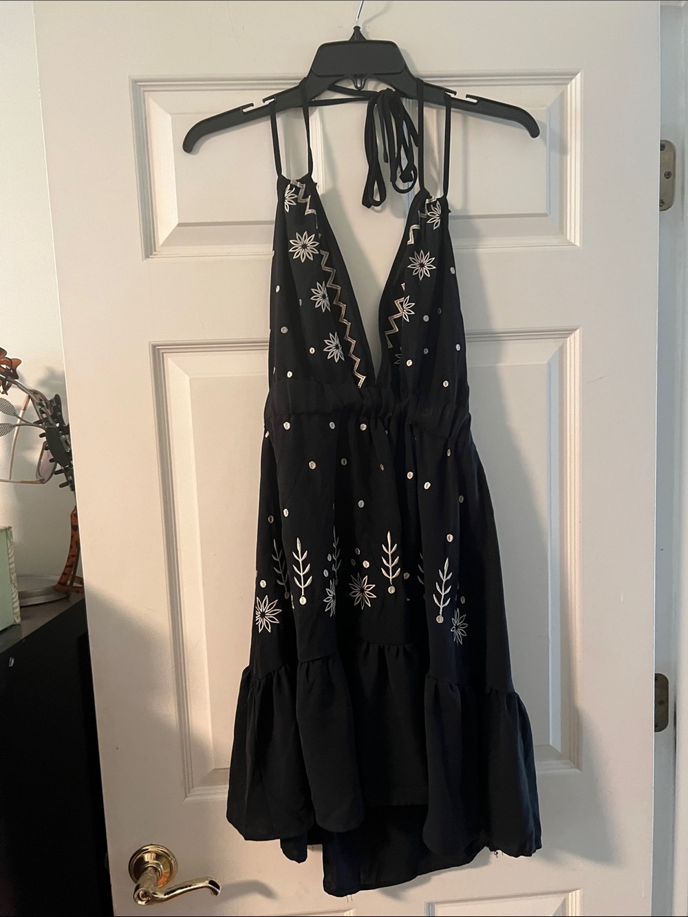 Black Embroidered Halter Sundress with White Floral Motif
